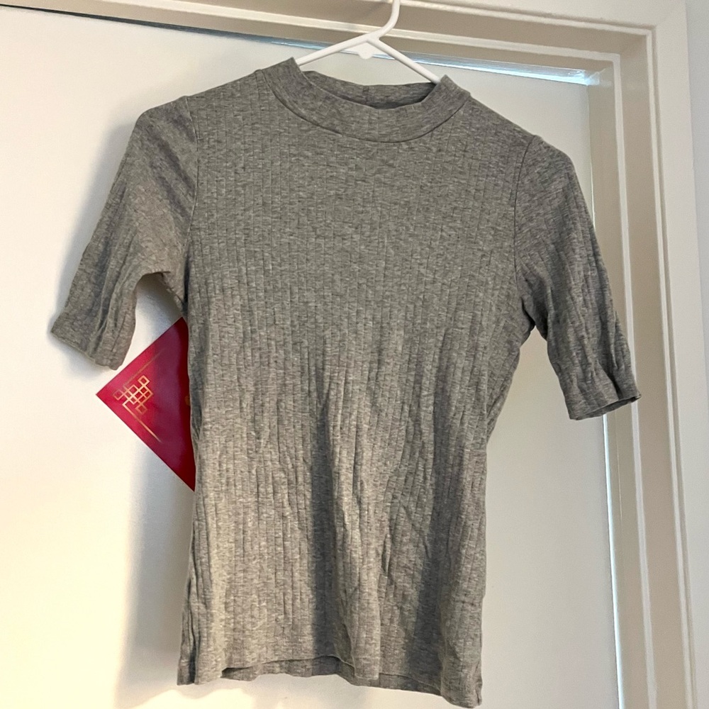 UNIQLO Cotton-blend grey ribbed mock neck top